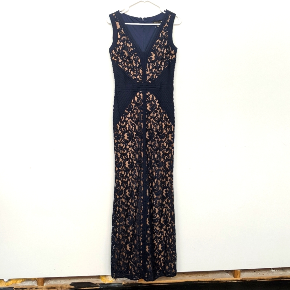 Tadashi Shoji Navy and Gold Lace Maxi Dress